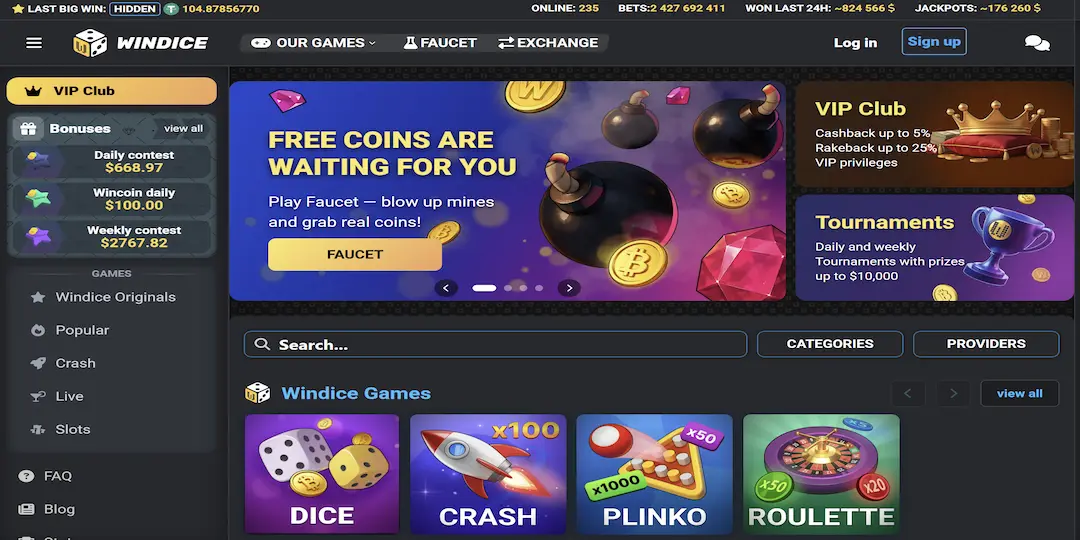Windice casino screenshot 2026 — Bitcoin crypto casino met dobbelspellen, slots en live casino